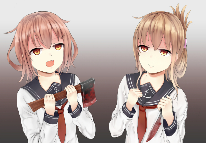 10s, 2girls, :d, anchor_symbol, axe, brown_eyes, brown_hair, fang