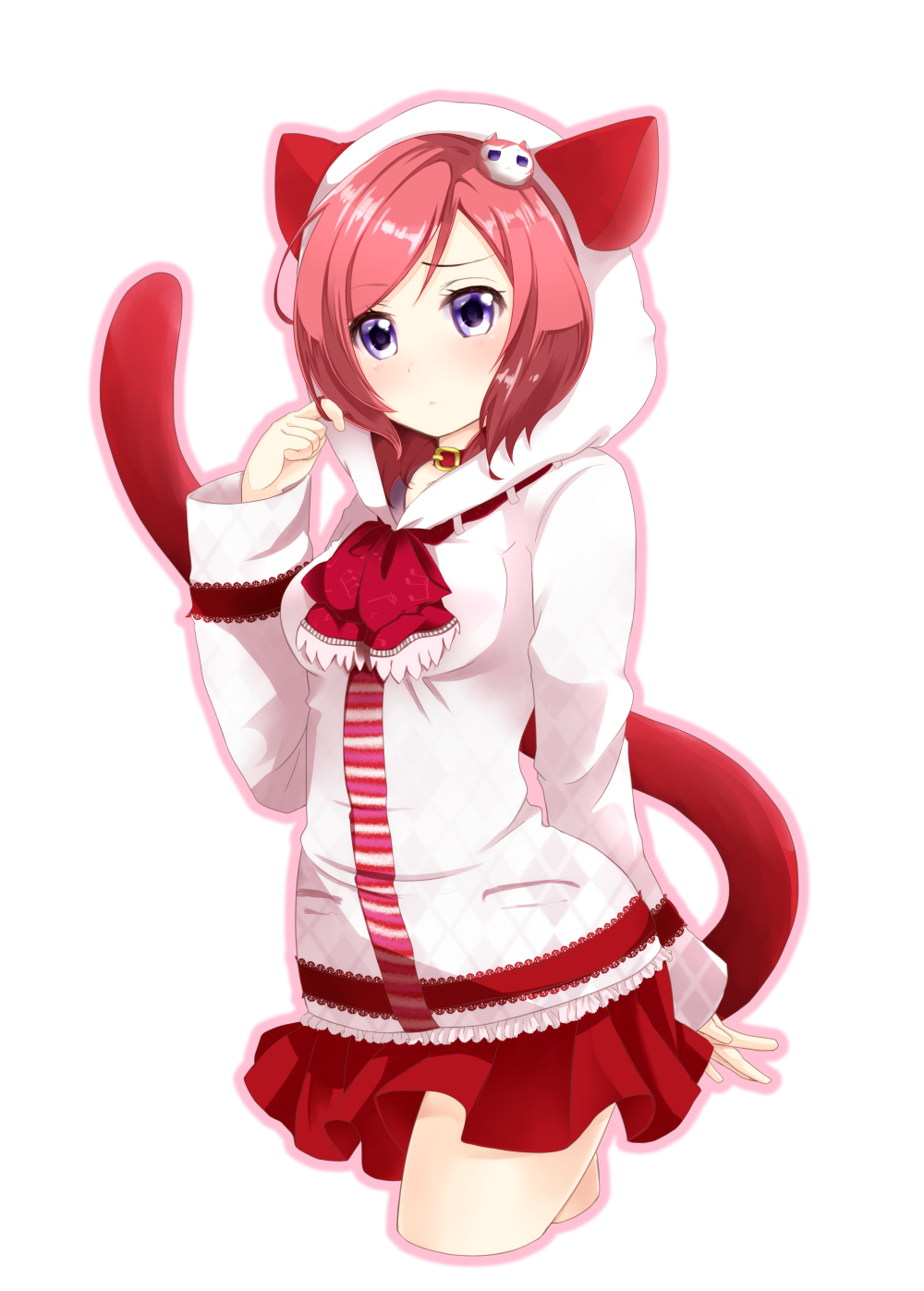 10s, 1girl, animal_hood, blush, cat_hair_ornament, cat_hood, collar, cowboy_shot