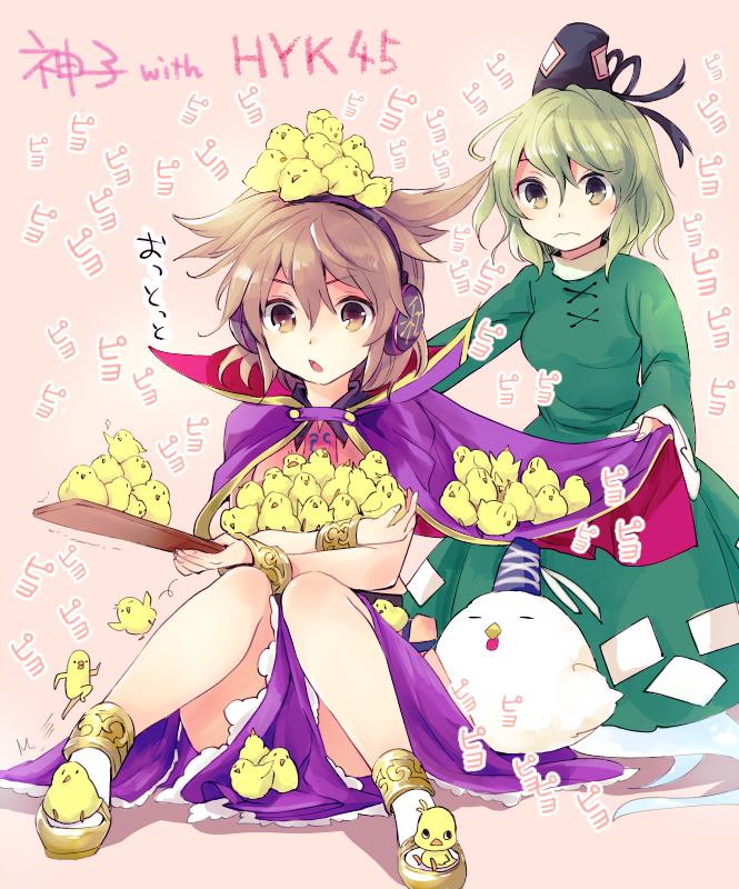 2girls, animalization, baby_animal, bird, bracelet, brown_eyes, brown_hair, cape