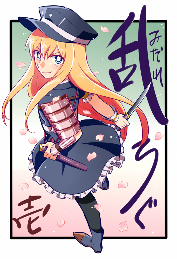 10s, 1boy, armor, black_pantyhose, blonde_hair, blue_eyes, crossdressing, crossdressing_(mtf), dress, gradient_background, haikan_kouji, hat, japanese_armor, looking_back, male_focus, midare_toushirou, pantyhose, petals, short_sword, shoulder_armor, smile, sode, solo, sword, tantou, touken_ranbu, trap, weapon