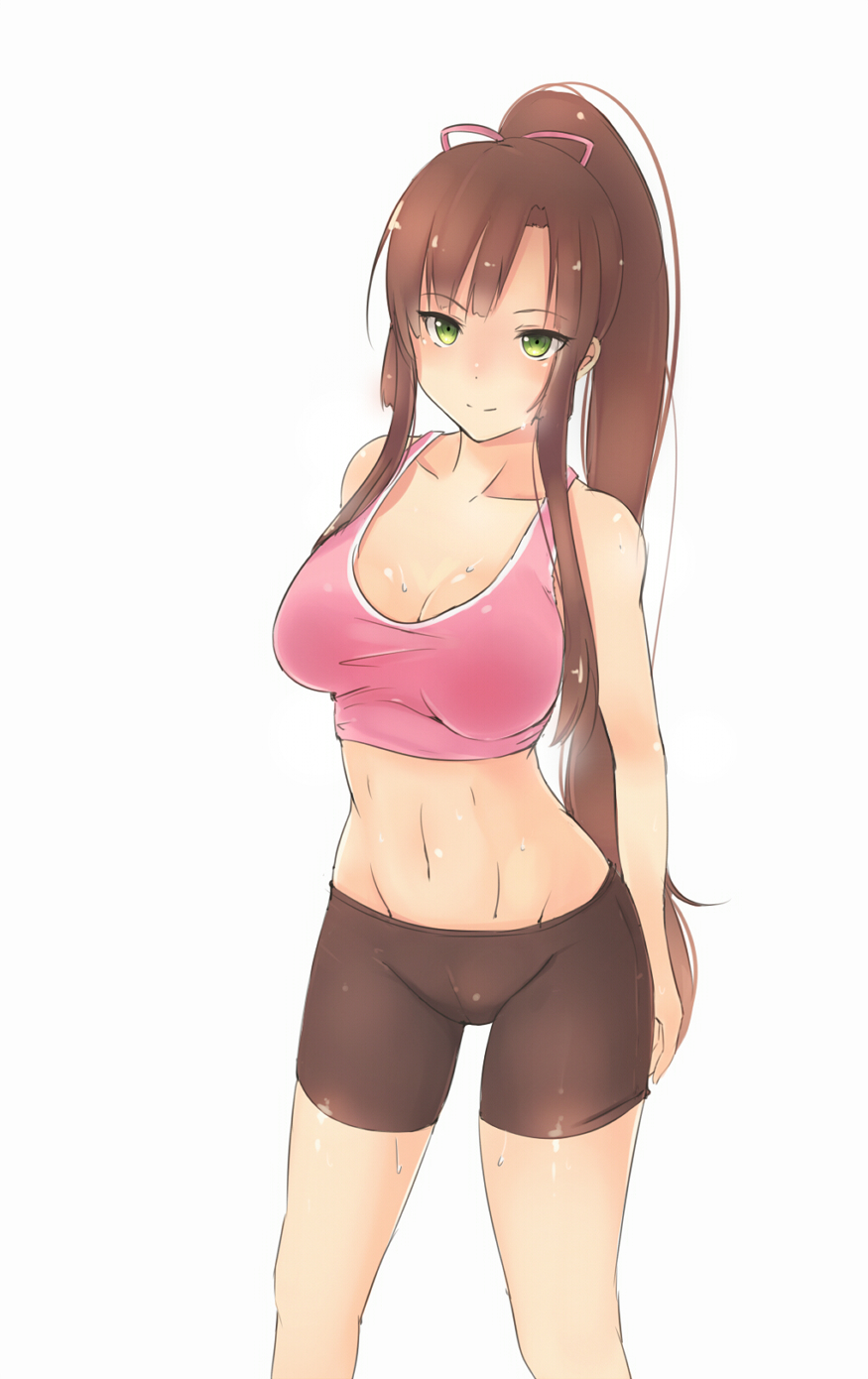 10s, 1girl, bike_shorts, bluefield, breasts, brown_hair, cleavage, cowboy_shot, female_focus, green_eyes, hair_ribbon, highres, kirasaka_sayaka, large_breasts, long_hair, midriff, ponytail, ribbon, sidelocks, simple_background, solo, sports_bra, strike_the_blood, sweat