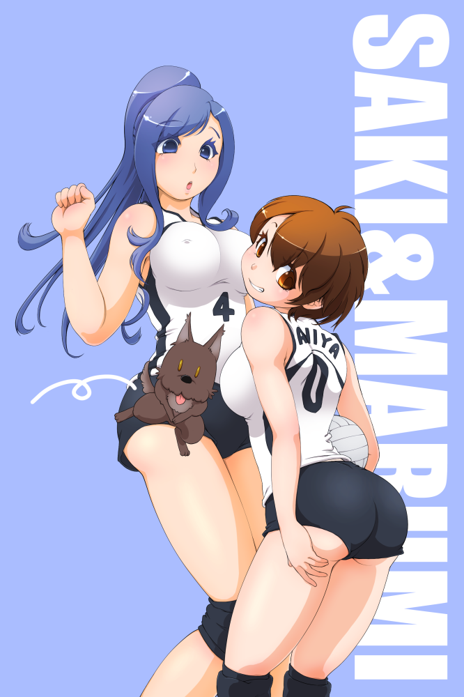 2girls, :o, aniya_marumi, ass, bad_id, bad_pixiv_id, ball, blue_eyes, blue_hair, blush, breasts, brown_eyes, brown_hair, character_name, commentary_request, covered_erect_nipples, dog, faxbunny, female_focus, holding, holding_ball, iwanami_saki, jersey, large_breasts, long_hair, looking_back, motion_lines, multiple_girls, open_mouth, original, parted_lips, ponytail, short_hair, short_shorts, shorts, simple_background, smile, tongue, tongue_out, volleyball_(object), yellow_eyes