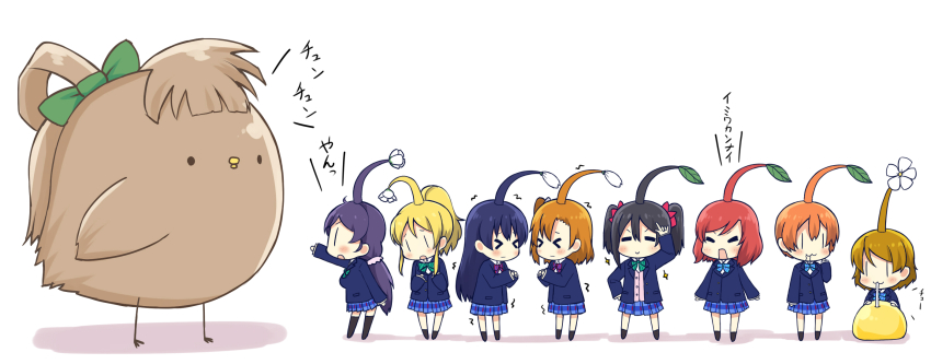 >_<, 6+girls, :3, =_=, ayase_eli, black_hair, blonde_hair, brown_hair