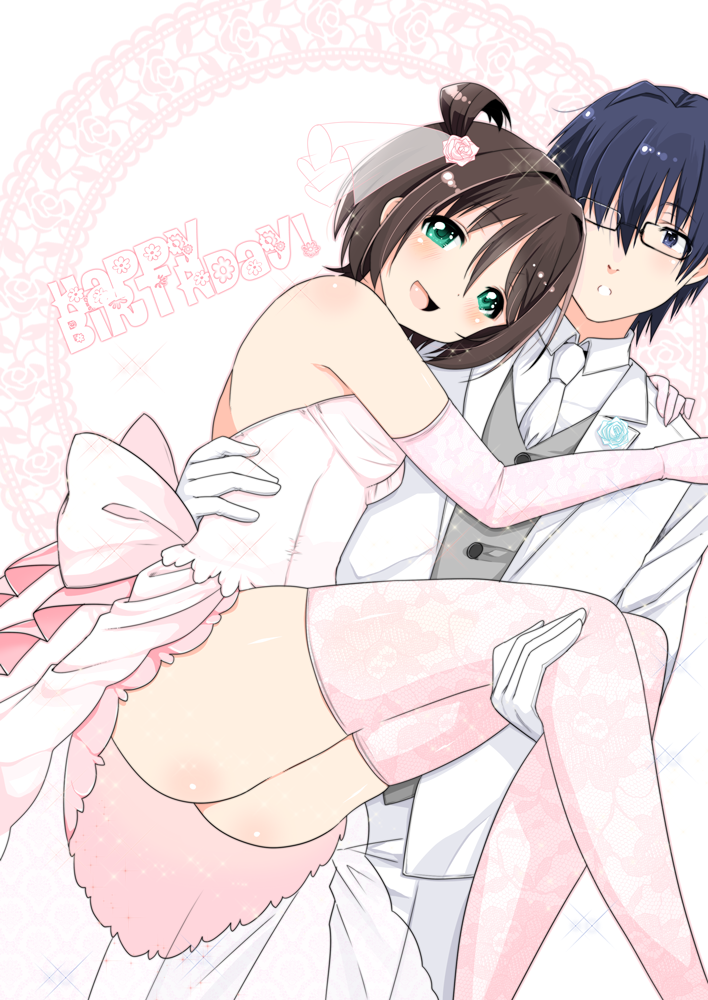1boy, 1girl, ass, bad_id, bad_pixiv_id, blue_hair, brown_hair, carrying, corpse_party, couple, dress, formal_clothes, glasses, gloves, green_eyes, hair_ornament, happy_birthday, hetero, morishige_sakutarou, osomatsu_(nanameno), princess_carry, short_hair, simple_background, suit, suzumoto_mayu, wedding_dress