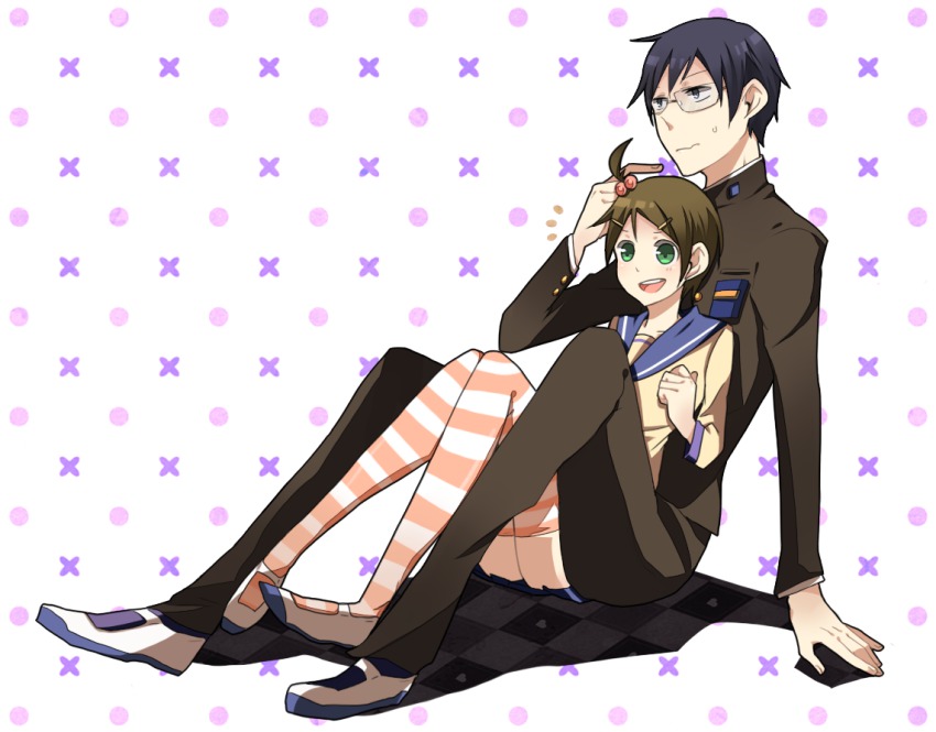 1boy, 1girl, black_hair, brown_hair, corpse_party, glasses, green_eyes, hair_bobbles