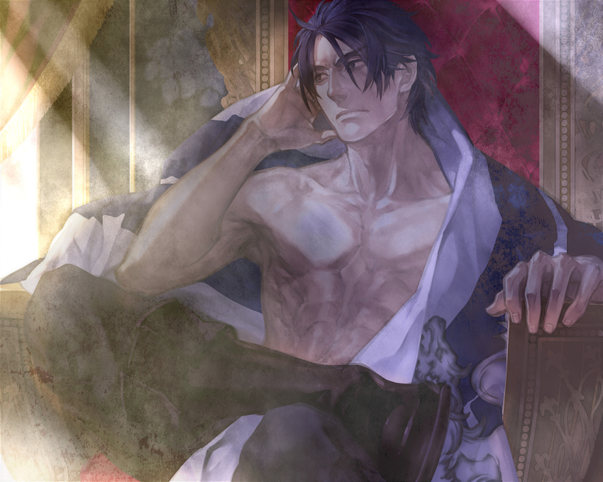 1boy, black_hair, gensou_suikoden, gensou_suikoden_ii, kaburaya, luca_blight, male_focus, on_throne