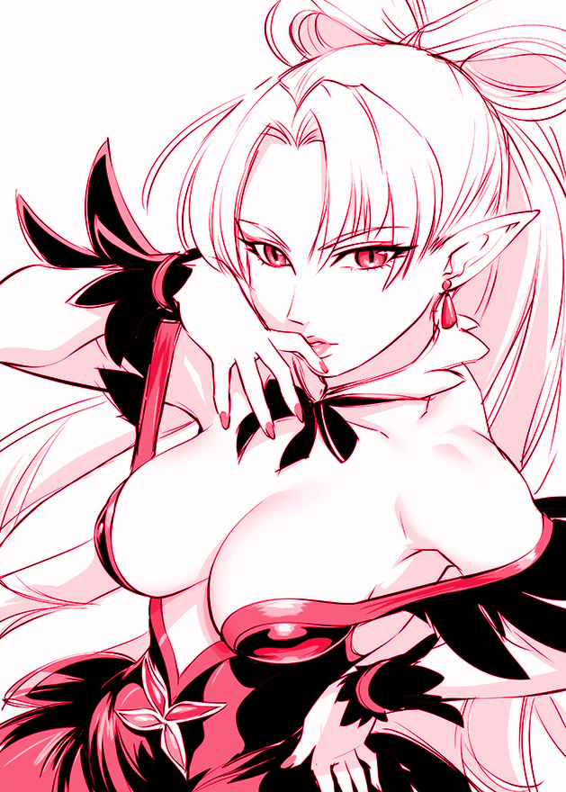 1girl, adapted_costume, akagi_towa, breasts, detached_collar, earrings, female_focus, fingernails