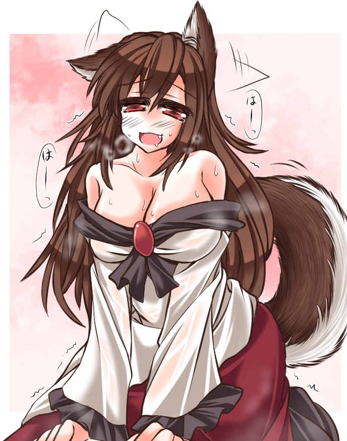 1girl, animal_ears, breasts, brooch, brown_eyes, brown_hair, cleavage, ear_wiggle