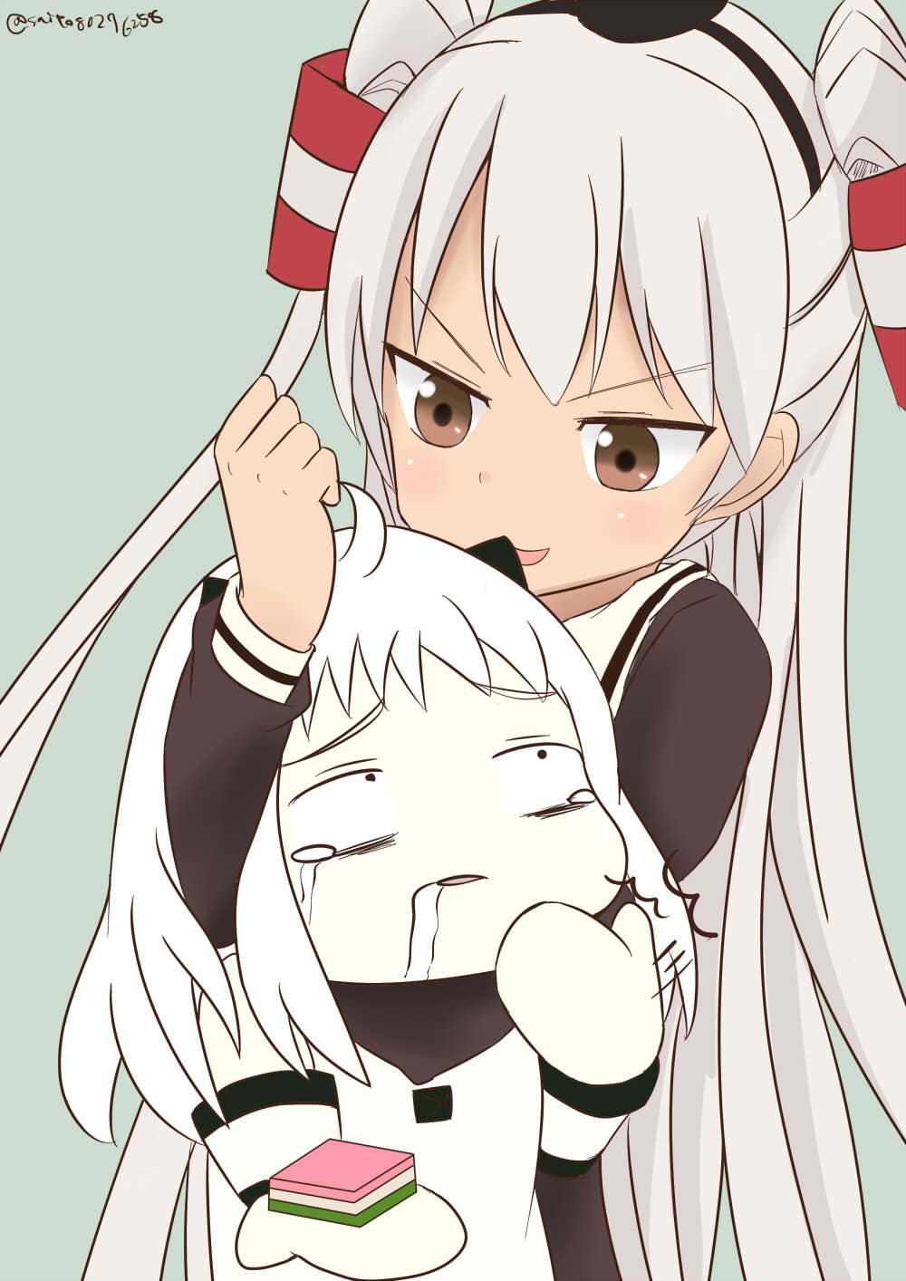 10s, 2girls, abyssal_ship, ahoge, amatsukaze_(kancolle), brown_eyes, colored_skin, commentary_request
