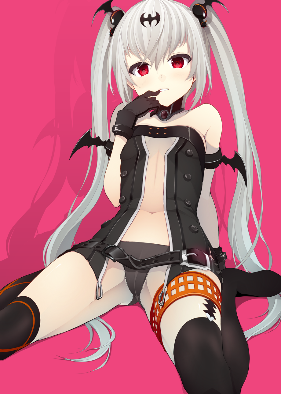 1girl, alice_(queen's_gate), armband, bare_shoulders, bat_hair_ornament, belt, black_gloves, black_legwear, black_panties, boots, cameltoe, choker, female_focus, finger_to_mouth, flat_chest, gloves, grey_hair, hair_ornament, heart, heart-shaped_pupils, highres, itsui_(dihydrogenmonoxid), knee_boots, leaning_back, long_hair, looking_at_viewer, minase_yuu, navel, open_clothes, open_vest, panties, pink_background, queen's_blade, queen's_gate, red_eyes, shadow, simple_background, sitting, solo, symbol-shaped_pupils, thigh_strap, twintails, underwear, very_long_hair, vest, wariza