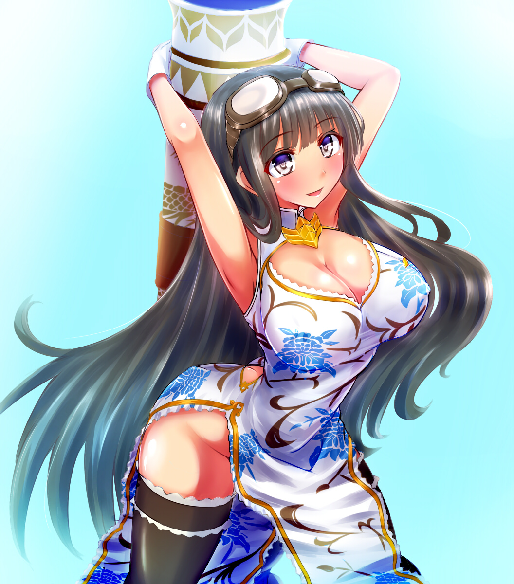 10s, 1girl, arched_back, arms_behind_head, arms_up, ass, black_eyes, black_hair, black_thighhighs, blush, breasts, butt_crack, china_dress, chinese_clothes, cleavage, covered_erect_nipples, curvy, dress, female_focus, gloves, goggles, goggles_on_head, gradient_background, granblue_fantasy, grey_eyes, heart, highres, jessica_(granblue_fantasy), large_breasts, leaning_forward, long_hair, looking_at_viewer, open_mouth, plump, side_slit, smile, solo, stir255, thighhighs, white_gloves