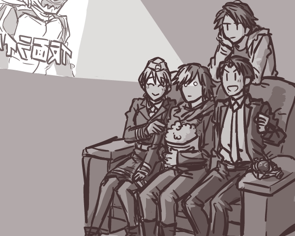 >_<, 1girl, 3boys, ^_^, belt, belt-san, chase_(kamen_rider_drive), closed_eyes