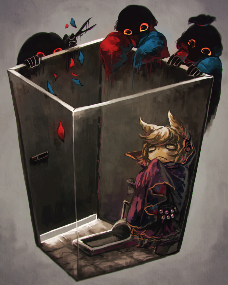 1girl, aka_manto, blonde_hair, cape, earmuffs, gradient_background, japanese_urban_legends, koto_inari, scissors, short_hair, silhouette, squat_toilet, toilet, toilet_paper, touhou, toyosatomimi_no_miko