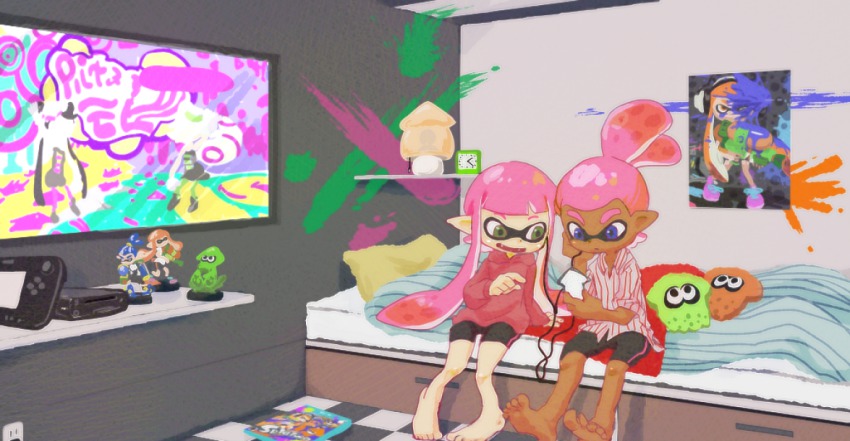 1boy, 1girl, amiibo, barefoot, bed, bedroom, bike_shorts, blue_eyes, callie_(splatoon), callie_(squid_sisters_outfit)_(splatoon), cd_case, clock, controller, dark_skin, earbuds, earphones, fangs, game_console, game_controller, green_eyes, hood, hooded_sweater, inkling, inkling_boy, inkling_girl, inkling_player_character, lamp, marie_(splatoon), marie_(squid_sisters_outfit)_(splatoon), mp3_player, nintendo, okiza_yuuri, paint_splatter, pillow, pink_hair, pointy_ears, ponytail, poster_(object), shared_earphones, shirt, smile, splatoon_(series), splatoon_1, squid, striped_clothes, striped_shirt, stuffed_toy, sweater, television, tentacle_hair, vertical_stripes, wii_u, wii_u_gamepad