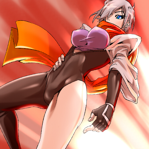 1girl, asymmetrical_clothes, asymmetrical_legwear, blue_eyes, bodysuit, breasts, elbow_gloves, female_focus