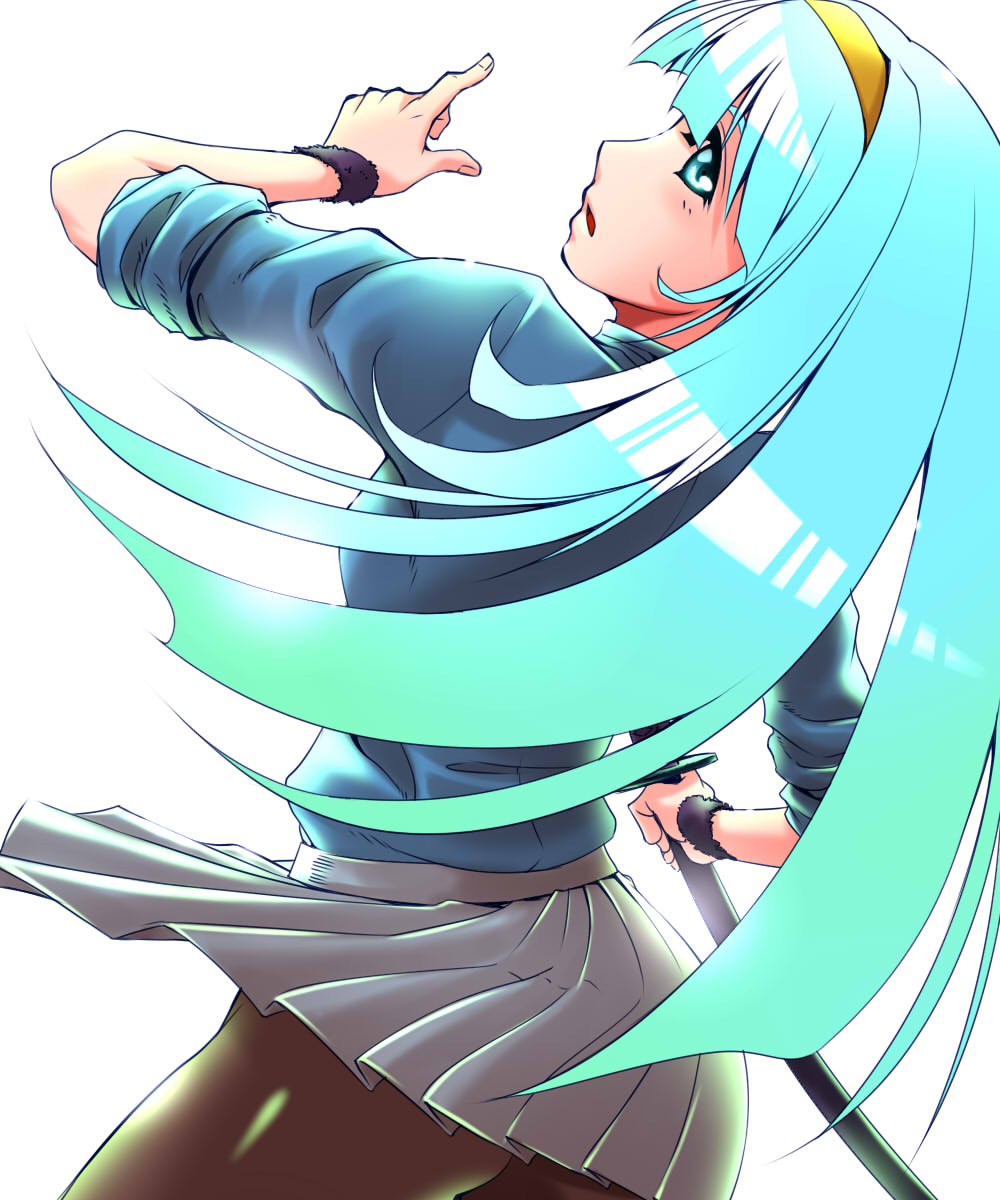 1girl, aqua_eyes, aqua_hair, black_pantyhose, female_focus, hairband, highres, jacket