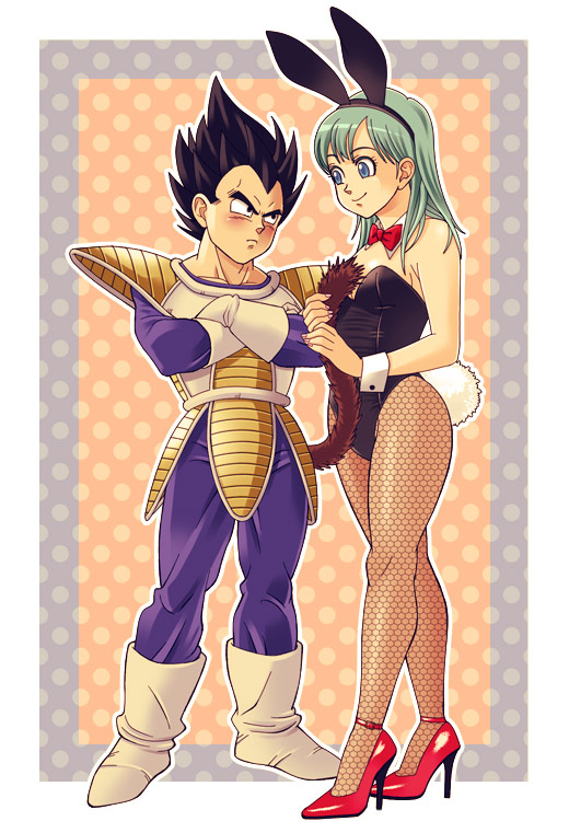 1boy, 1girl, animal_ears, aqua_hair, armor, bare_shoulders, black_eyes, black_hair, blue_eyes, blue_hair, blush, bodysuit, boots, bow, bowtie, bulma, couple, crossed_arms, dragon_ball, dragonball_z, eye_contact, fake_animal_ears, fishnet_pantyhose, fishnets, gloves, high_heels, holding, kacha_(xcachax), legs, long_hair, looking_at_another, neck, outline, outside_border, pantyhose, playboy_bunny, polka_dot, polka_dot_background, rabbit_ears, rabbit_tail, red_footwear, shoes, shy, smile, standing, strapless, tail, tail_grab, time_paradox, unmoving_pattern, vegeta, white_footwear, white_gloves, wrist_cuffs