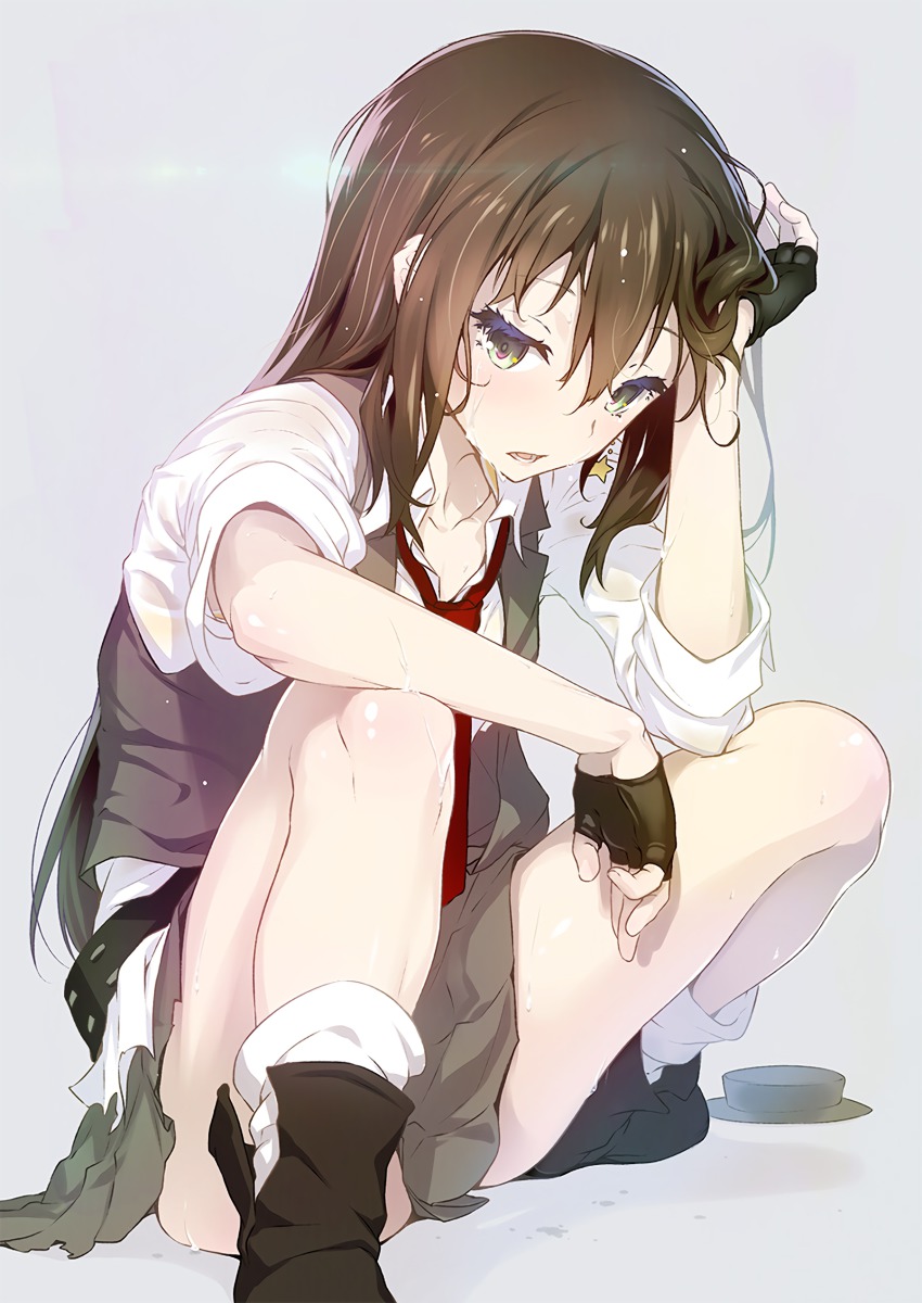 10s, 1girl, absurdres, armpit_peek, black_hair, female_focus, fingerless_gloves, gloves, highres, idolmaster, idolmaster_cinderella_girls, long_hair, necktie, nilitsu, resized, rocking_school, shibuya_rin, simple_background, solo, upscaled