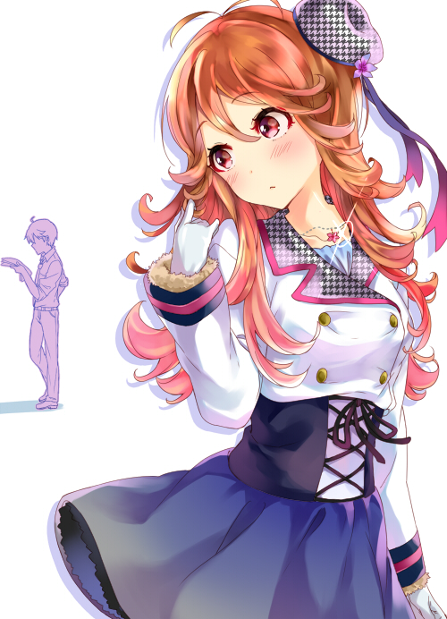 1boy, 1girl, antenna_hair, corset, flower, gloves, hat, hat_flower