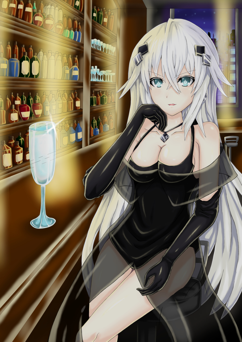 10s, 1girl, absurdres, alternate_costume, bar_(place), black_gloves, black_heart_(neptunia), blue_eyes
