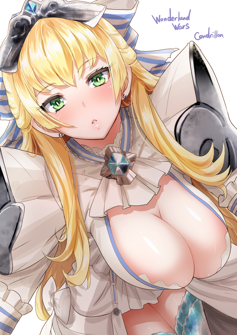 1girl, blonde_hair, breasts, cendrillion_(wonderland_wars), cleavage, earrings, female_focus, green_eyes, hanging_breasts, jewelry, large_breasts, long_hair, looking_at_viewer, miyamoto_issa, parted_lips, simple_background, solo, white_background, wonderland_wars