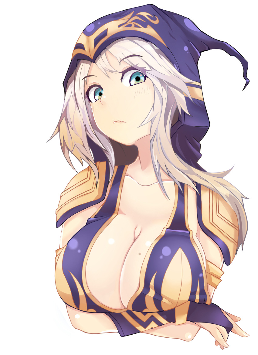1girl, absurdres, aqua_eyes, ashe_(league_of_legends), blush, breast_hold, breast_lift, breasts, cleavage, female_focus, highres, hood, large_breasts, league_of_legends, looking_at_viewer, mole, mole_on_breast, pingqiong_xiansheng, simple_background, solo, tryndamere, wavy_mouth, when_you_see_it, white_hair