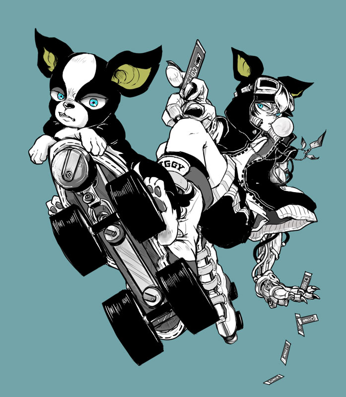 1boy, animal_ears, bad_id, bad_pixiv_id, blue_eyes, chewing_gum, creature_and_personification, dog, dog_ears, dual_persona, fake_animal_ears, fingernails, hood, hoodie, iggy_(jojo), jewelry, jojo_no_kimyou_na_bouken, mechanical_arms, mitsuru_(91000), monochrome, necklace, personification, roller_skates, sharp_fingernails, shorts, single_mechanical_arm, skateboard, skates