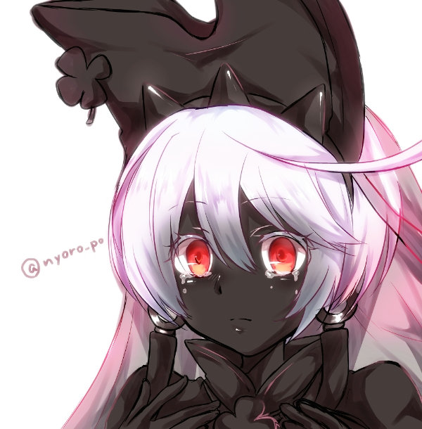 1girl, ahoge, arc_system_works, bridal_veil, clover, colored_eyelashes, crying, crying_with_eyes_open, dark-skinned_female, dark_skin, elphelt_valentine, female_focus, four-leaf_clover, gloves, glowing, glowing_eyes, guilty_gear, guilty_gear_xrd, nyoro_po, red_eyes, ribbon, sad, short_hair, simple_background, solo, spikes, spoilers, tears, veil, white_hair
