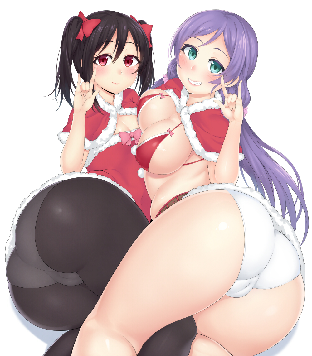 10s, 2girls, aqua_eyes, ass, belly, black_legwear, breasts, cameltoe, christmas, flat_chest, grin, huge_ass, katsura_harufumi, large_breasts, long_hair, love_live!, love_live!_school_idol_project, multiple_girls, panties, panties_under_pantyhose, pantyhose, purple_hair, red_eyes, santa_costume, simple_background, smile, sugamo_(nekozet4523), thick_thighs, thighs, tojo_nozomi, twintails, underwear, white_background, white_panties, wide_hips, yazawa_nico