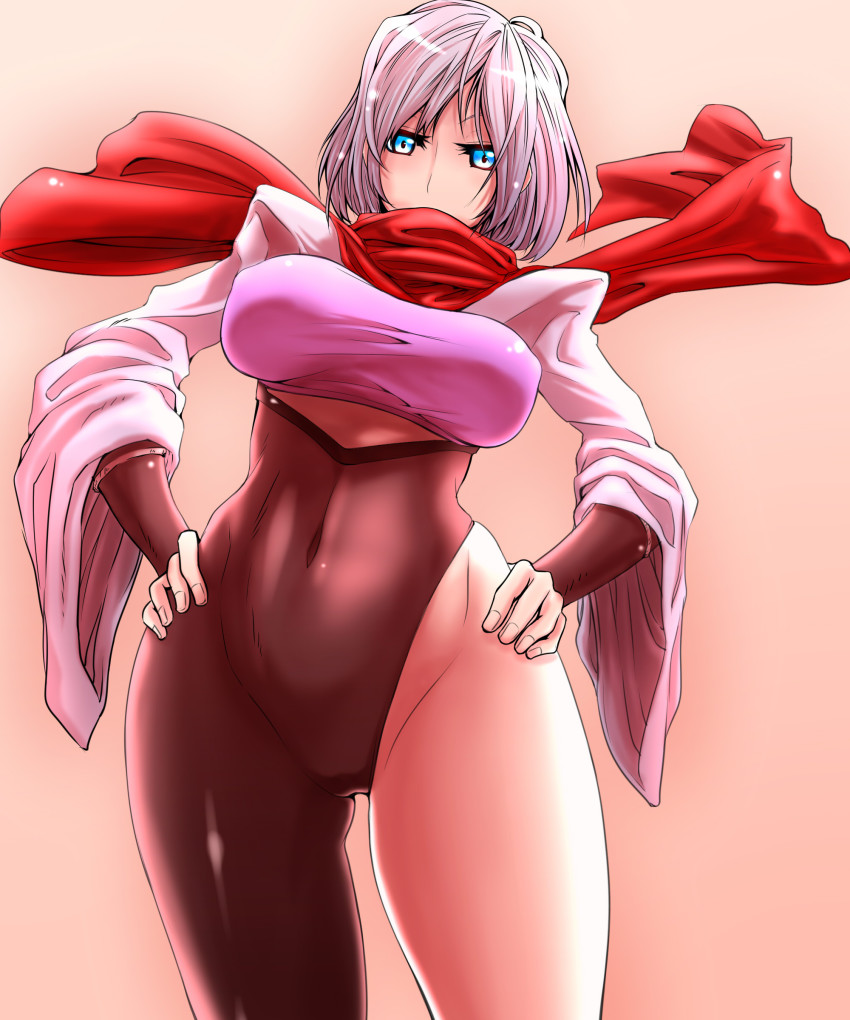 1girl, absurdres, asymmetrical_clothes, asymmetrical_legwear, blue_eyes, bodysuit, breasts, cameltoe, covered_mouth, covered_navel, cowboy_shot, female_focus, gradient_background, hands_on_own_hips, hattori_hanzo_uruka, highres, large_breasts, ninja, red_scarf, scarf, short_hair, shoulder_pads, silver_hair, solo, taut_clothes, uneven_legwear, urujika, wide_sleeves, yatagarasu_(game)