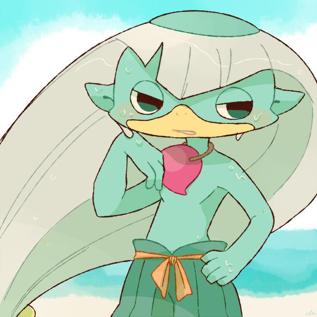 10s, beach, chiyoko_(oman1229), cloud, colored_skin, gradient_background, green_skin, horizon, jewelry, kappa, magatama, namigappa, necklace, outdoors, sky, solo, traditional_youkai, water, wet, youkai_watch