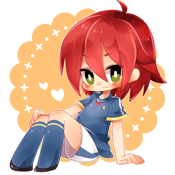 1boy, arm_support, blush, chibi, green_eyes, heart, inazuma_eleven, inazuma_eleven_(series)