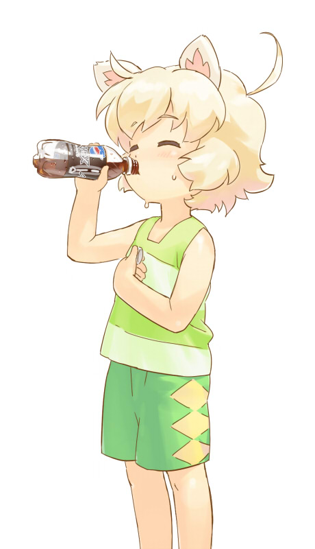 00s, 1boy, ahoge, animal_ears, blonde_hair, blush, bottle, drinking, fushigiboshi_no_futago_hime, lion_ears, male_focus, om_(nk2007), pepsi, product_placement, shorts, simple_background, soda, solo, sweatdrop, tank_top, tio_(futagohime), white_background