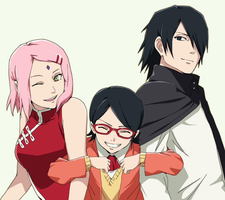 1boy, 2girls, ^_^, bad_id, bad_pixiv_id, black_eyes, black_hair, cloak