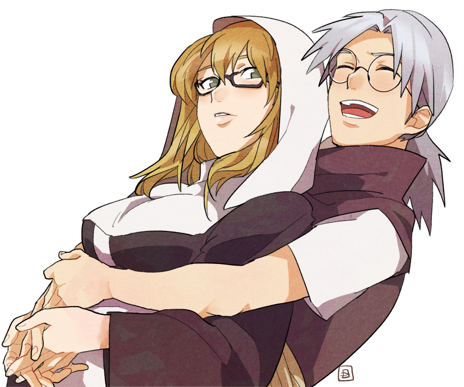 1boy, 1girl, bad_id, bad_pixiv_id, blonde_hair, family_bonding, glasses, green_eyes