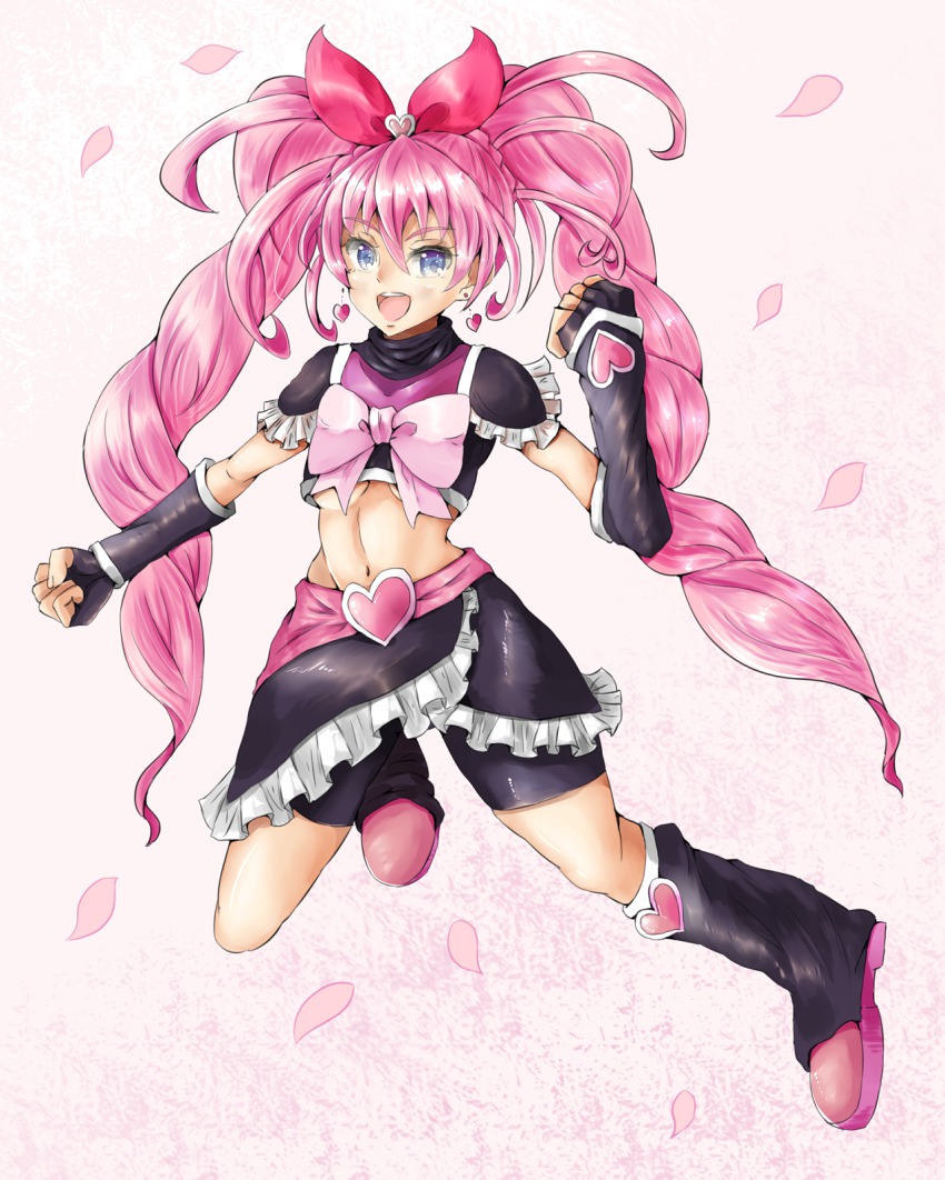 1girl, arm_warmers, bike_shorts, bike_shorts_under_skirt, black_gloves, black_legwear, black_shirt, black_skirt, blue_eyes, blush, boots, braid, breasts, cosplay, crossover, cure_black, cure_black_(cosplay), cure_melody, curly_hair, detached_sleeves, earrings, eyelashes, female_focus, fingerless_gloves, futari_wa_precure, g_tear, gloves, gradient_background, hair_ornament, hair_ribbon, happy, heart, highres, houjou_hibiki, in-franchise_crossover, jewelry, leg_warmers, long_hair, looking_at_viewer, magical_girl, midriff, open_mouth, petals, pink_hair, precure, ribbon, shirt, shorts, shorts_under_skirt, single_braid, skirt, small_breasts, smile, solo, suite_precure, twintails, underboob