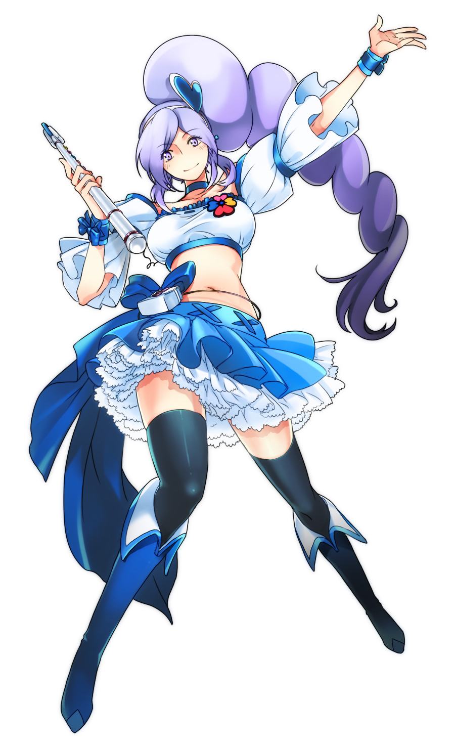 00s, 1girl, aono_miki, bare_shoulders, blue_boots, blue_skirt, blue_thighhighs, blush, boots, choker, cure_berry, drill_hair, earrings, eyelashes, female_focus, fresh_precure!, frilled_skirt, frills, full_body, hair_ornament, hairband, happy, heart, heart_hair_ornament, high_heel_boots, high_heels, highres, jewelry, knee_boots, long_hair, looking_at_viewer, magical_girl, midriff, peadrins, petticoat, ponytail, precure, purple_eyes, purple_hair, shirt, side_ponytail, simple_background, skirt, smile, solo, standing, thighhighs, thighs, white_background, zettai_ryouiki