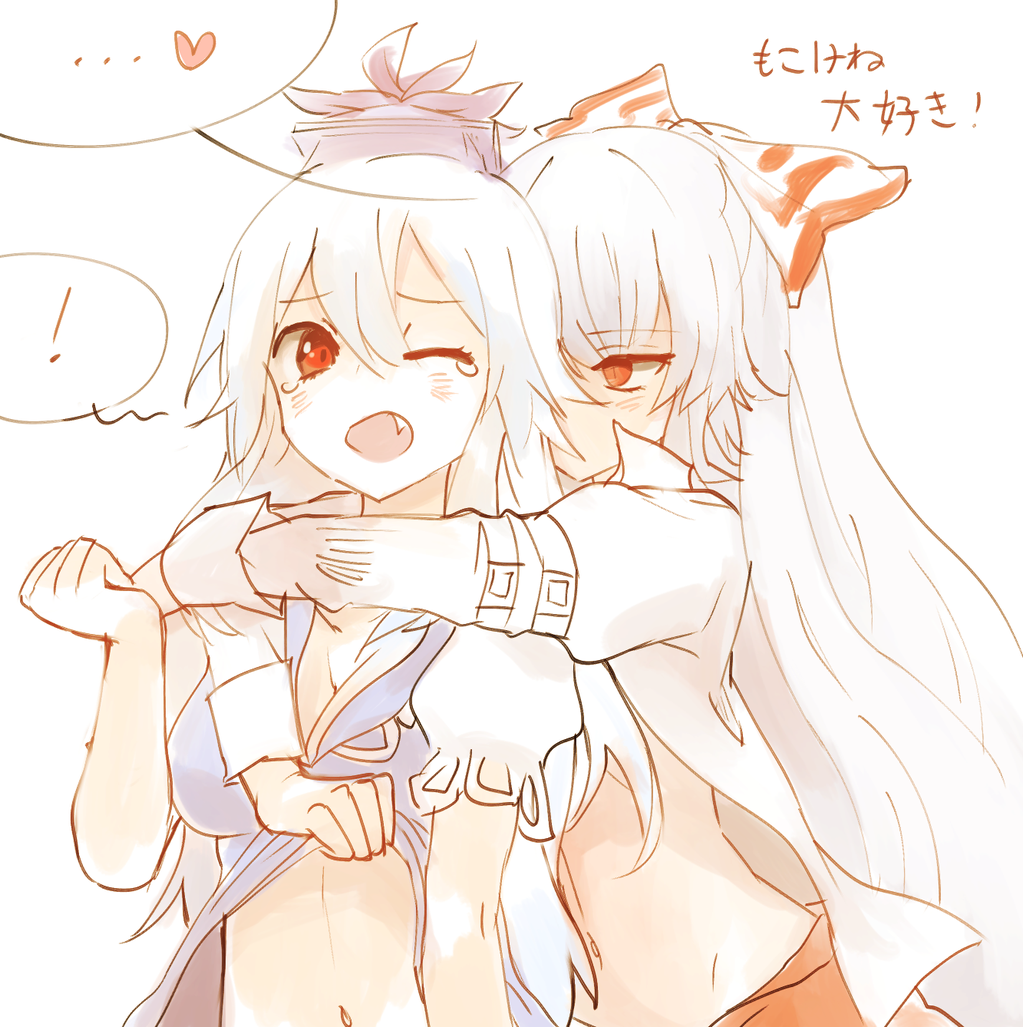 !, 2girls, albino, blush, breasts, cleavage, clothes_lift, colorized