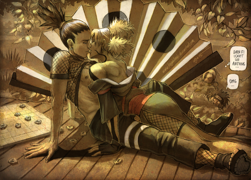 2boys, 2girls, akimichi_chouji, bush, cheek_swirl, hand_fan, fishnets, highres, keja_blank, multiple_boys, multiple_bushes, multiple_girls, nara_shikamaru, naruto_(series), naruto_shippuuden, off_shoulder, peeking, quad_tails, temari_(naruto), text_focus, topknot, undressing, yamanaka_ino