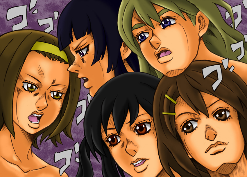 5girls, akiyama_mio, araki_hirohiko_(style), ashiro_(collective-mind), bad_id, bad_pixiv_id, black_hair, blonde_hair, blue_eyes, brown_eyes, brown_hair, gradient_background, hirasawa_yui, ho-kago_tea_time, jojo_no_kimyou_na_bouken, k-on!, kotobuki_tsumugi, multiple_girls, nakano_azusa, parody, style_parody, tainaka_ritsu