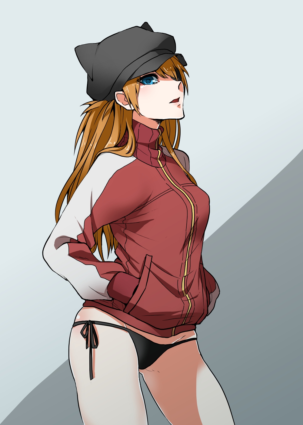 1girl, bikini, bikini_bottom_only, blue_eyes, brown_hair, evangelion:_3.0_you_can_(not)_redo, eyepatch, female_focus, gradient_background, hands_in_pockets, hat, highres, jacket, long_hair, looking_at_viewer, neon_genesis_evangelion, open_mouth, raito_(latek), rebuild_of_evangelion, side-tie_bikini_bottom, solo, souryuu_asuka_langley, swimsuit, swimsuit_under_clothes, track_jacket