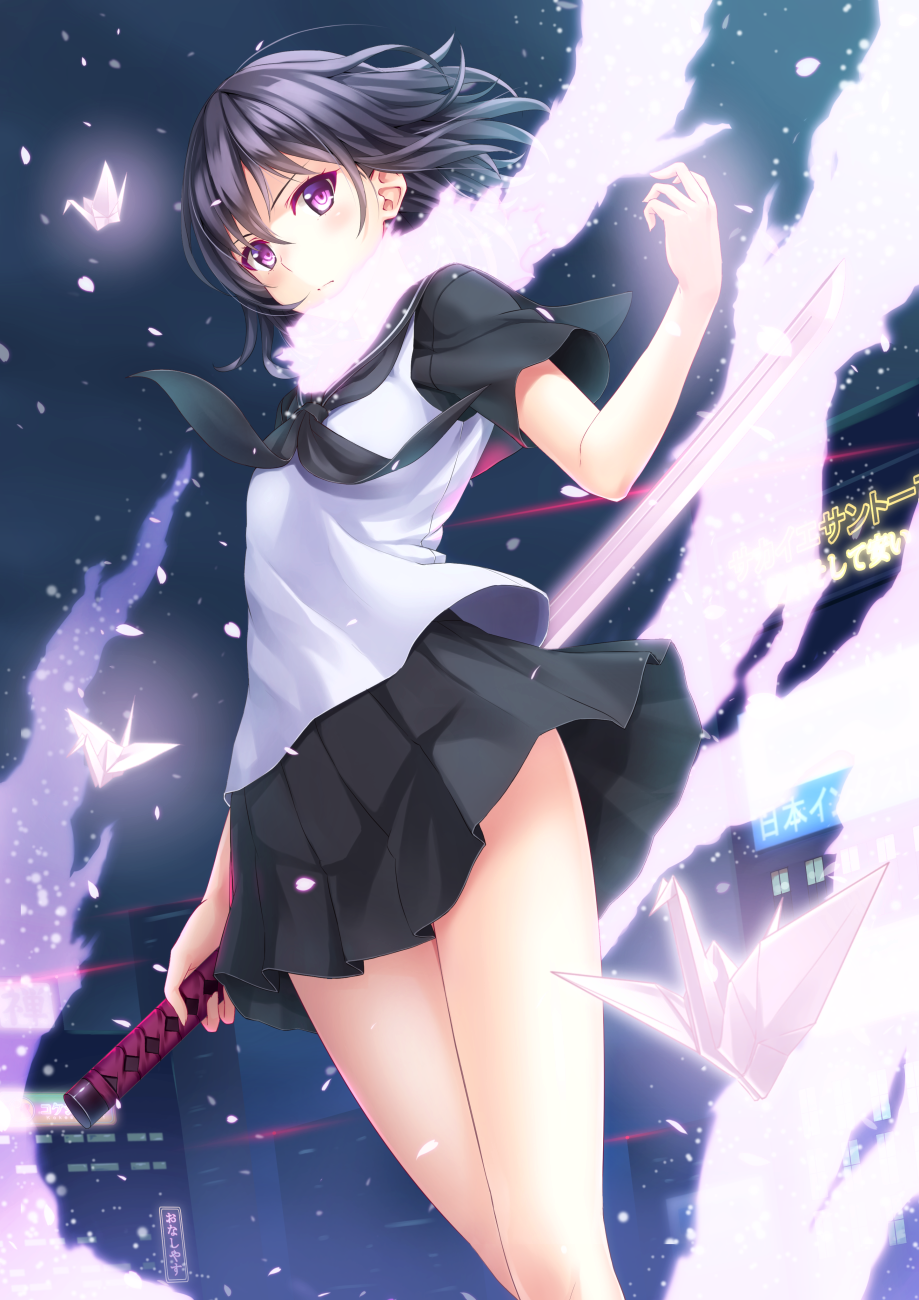 10s, 1girl, black_hair, black_skirt, cherry_blossoms, female_focus, gradient_background, highres