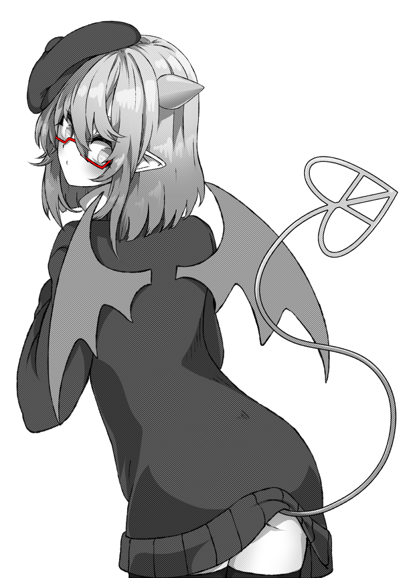 1girl, bad_id, bad_pixiv_id, black_thighhighs, blush, demon, demon_girl, demon_tail