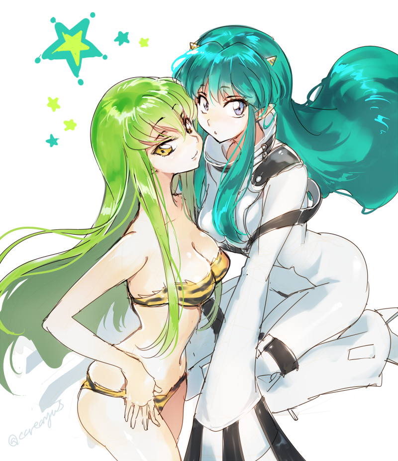2girls, :o, alternate_costume, animal_print, aqua_hair, bandeau, bare_legs, bare_shoulders