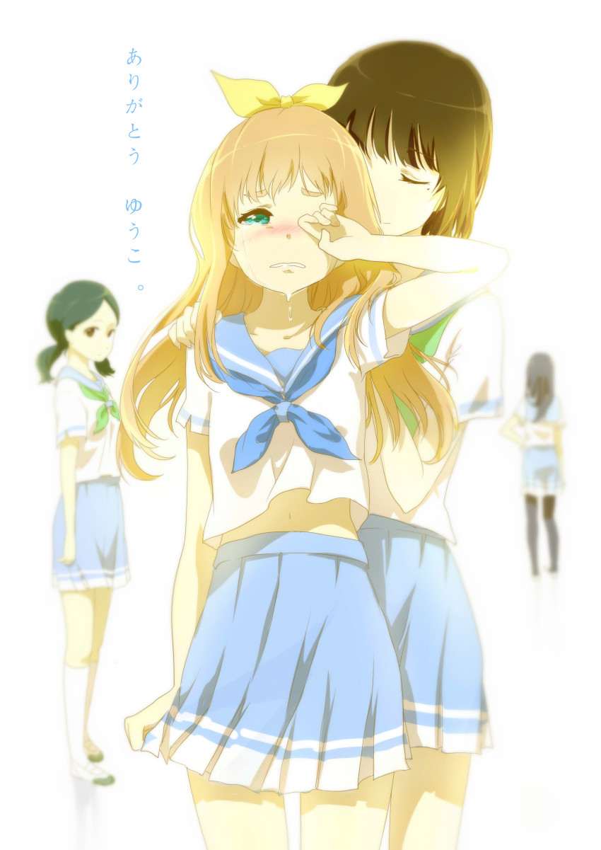 10s, 4girls, absurdres, black_socks, blue_neckerchief, blurry, blush, bow, crying, depth_of_field, from_behind, from_side, green_neckerchief, hair_bow, hair_ribbon, hibike!_euphonium, highres, kneehighs, kusa_agusa, long_hair, low_twintails, mole, mole_under_eye, multiple_girls, nakaseko_kaori, neckerchief, ogasawara_haruka, pantyhose, ribbon, school_uniform, serafuku, shoes, short_sleeves, simple_background, skirt, socks, tanaka_asuka, tears, translation_request, twintails, uwabaki, white_legwear, wiping_tears, yoshikawa_yuuko