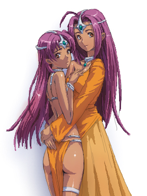 2girls, chunsoft, circlet, collar, cosplay, dark-skinned_female, dark_skin, dragon_quest