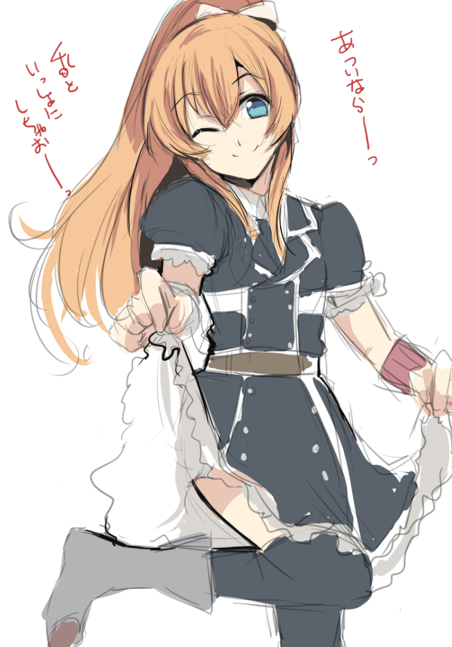 10s, 1boy, ;), alternate_hairstyle, black_thighhighs, blonde_hair, clothes_lift, crossdressing