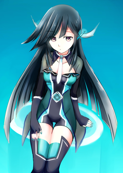 10s, 1girl, alternate_costume, alys, aqua_background, arm_support, black_eyes, black_hair