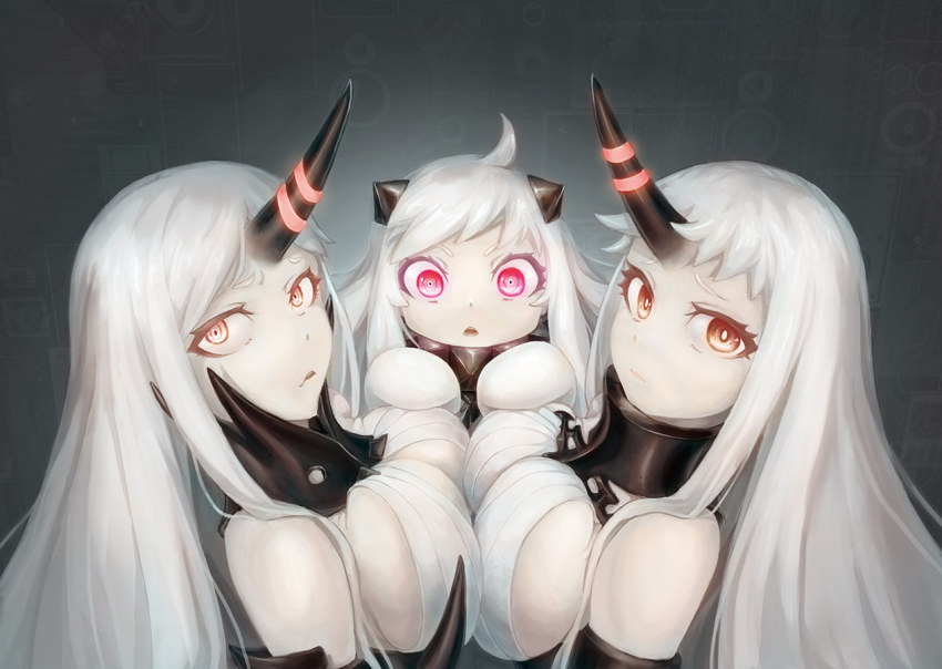 10s, 3girls, abyssal_ship, ahoge, apoidea, artist_request, bare_shoulders, breast_press