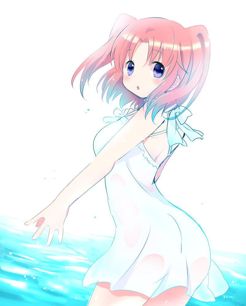 1girl, blush, breasts, dress, female_focus, large_breasts, looking_at_viewer, looking_back